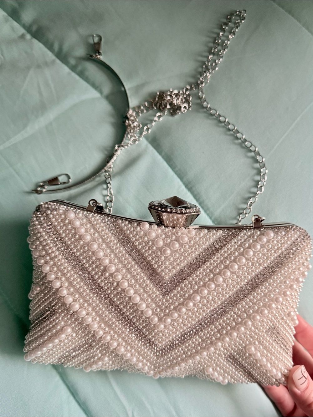 Versona Ivory Pearl-Embellished Evening Clutch with Silver Accents